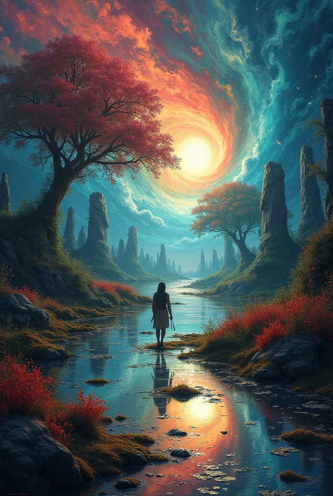 Welcome to my mind: A surreal, kaleidoscopic landscape where reality blends with imagination. Swirling vortex of vibrant colors and abstract shapes, with fragments of memories and dreams floating by. Silhouettes of mysterious creatures and beautiful faces emerge from misty shadows. Books with living words spill their stories into reality. Musical notes dance through the air, leaving trails of shimmering light. In the distance, a door opens to reveal glimpses of fantastical worlds and forgotten adventures. Tendrils of fear and joy intertwine, creating a tapestry of emotions. Gleaming ideas burst like fireworks, showering inspiration in all directions. All of this is reflected in a shattered mirror, each piece showing a different facet of consciousness. Photorealistic style with elements of abstract expressionism, rendered in stunning detail.