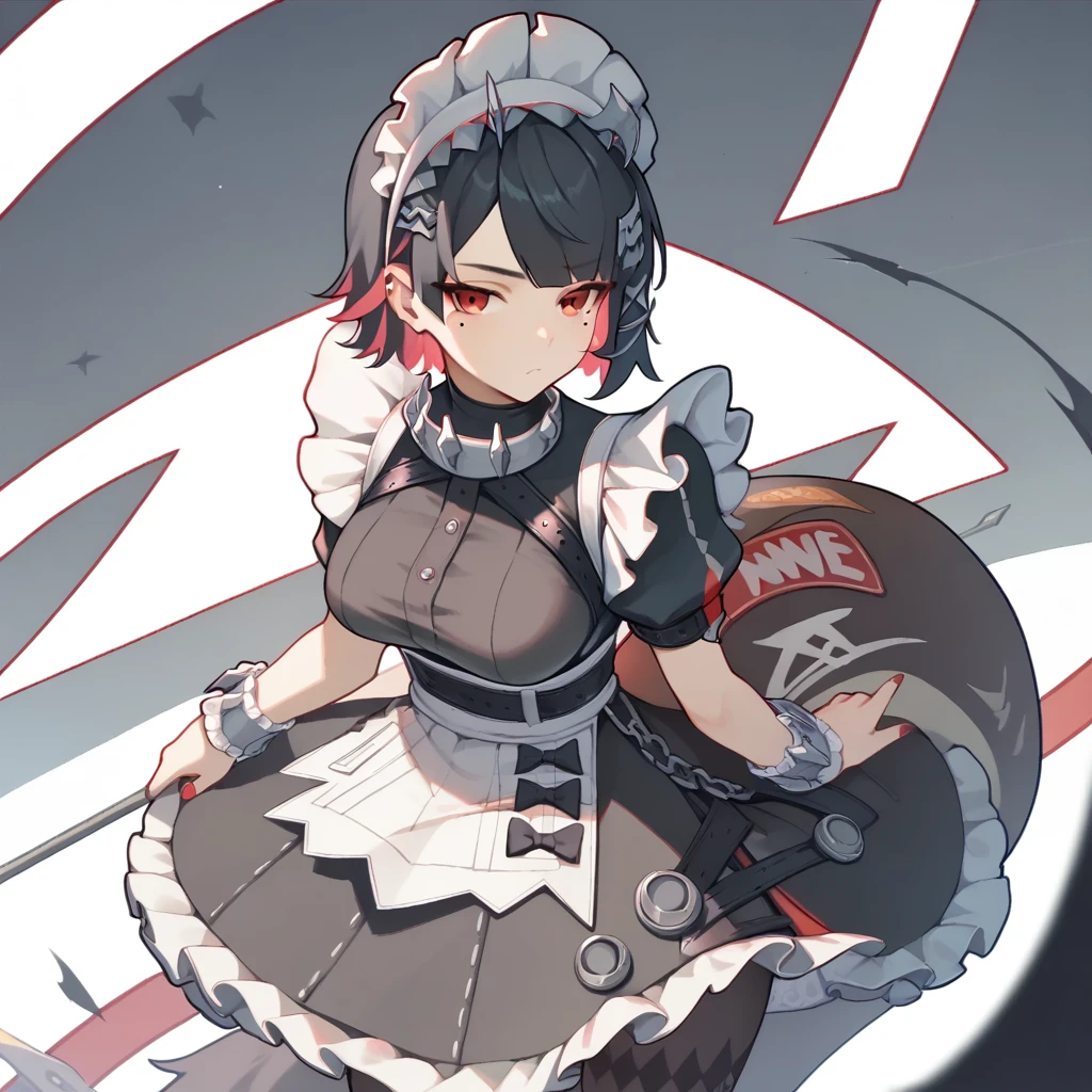 1 girl,Allen_Joe,maid_headskirt,Black_skirt,wrist_cuff,Fluffy_short_sleeve,mole_under_Eye,Big goals_Chest,Frilly_skirt,Black_Pantyhose,Comfort_Chest