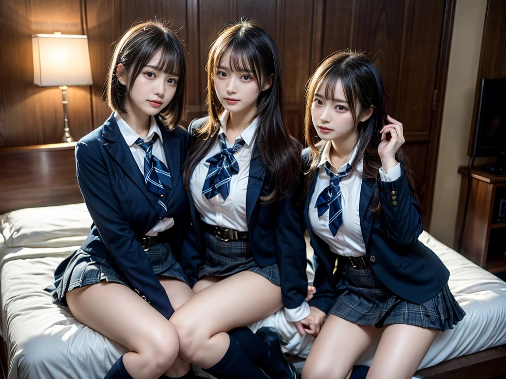 (8K, Raw photography, top-quality, masterpiece:1.2), master piece, best quality, illustration, Super detailed, fine details, High resolution, 8K,wall paper, perfect dynamic composition,(Details High quality, realistic depiction of eyes:1.3), ((2 girls, 2 schoolgirls)), The background is a luxury hotel room、High school girl uniform、blazer 、Super Short Check Uniform Skirt、Navy blue high socks、garterbelts、Colossal tits、Disturbed uniform, Play with each other,Touching each other's bodies,Touching the body of the girl next door, short bob hair, black hair color, huge breasts, Big Natural Color Lip, bold sexy pose, (perfect body shape), crying a little、cold gaze, Beautiful makeup,glitter makeup,Cutest 18 years old, beautiful legs, hposing Gravure Idol, Voluptuous thighs