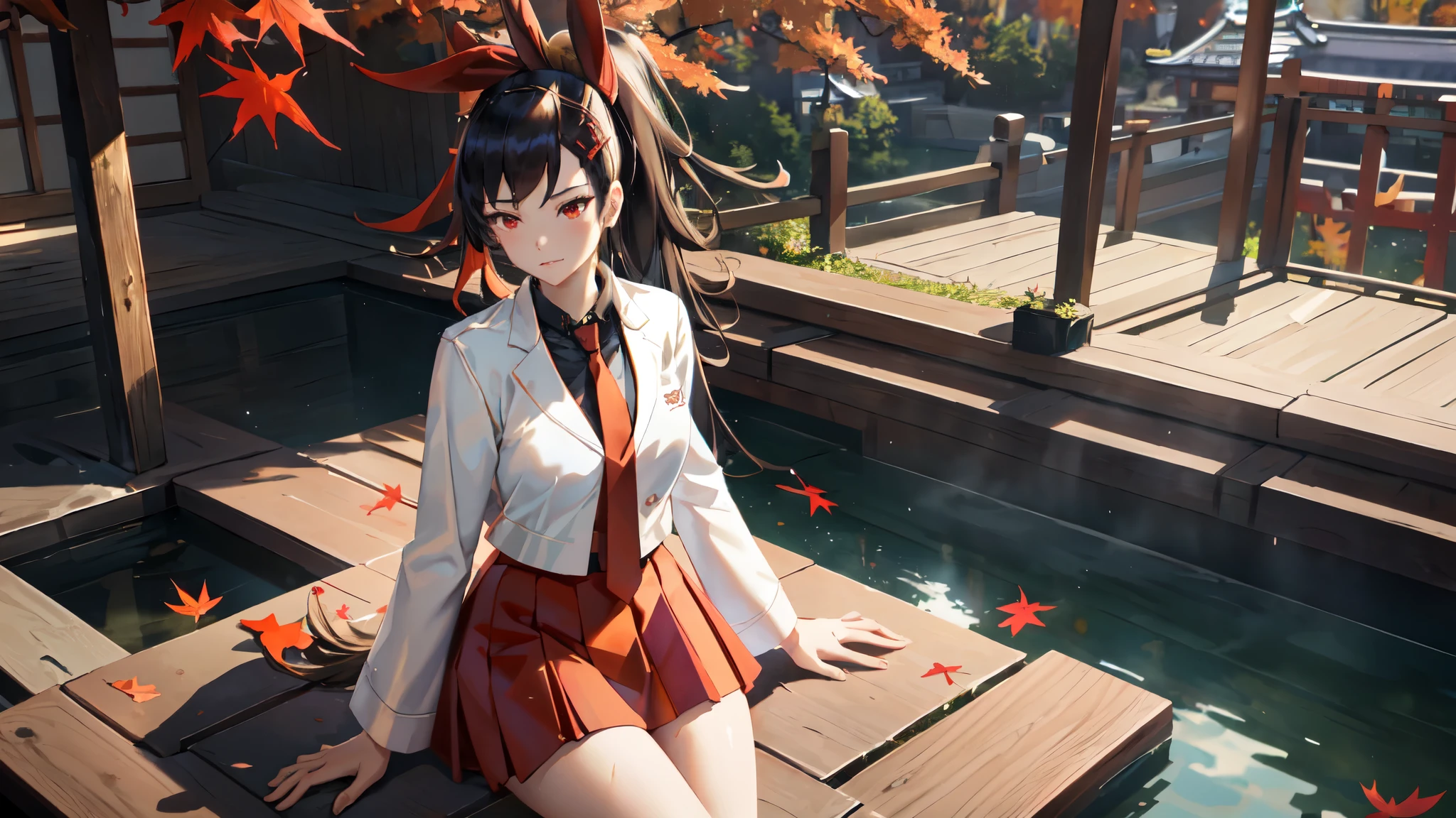 masterpiece, best quality,
ha yuri zahard, 1girl, shiny skin, red eyes, white jacket, black shirt, necktie, red skirt, ponytail, hair ribbon, bathing in autumn red maple onsen, sensual, orange dusk sky, kyoto