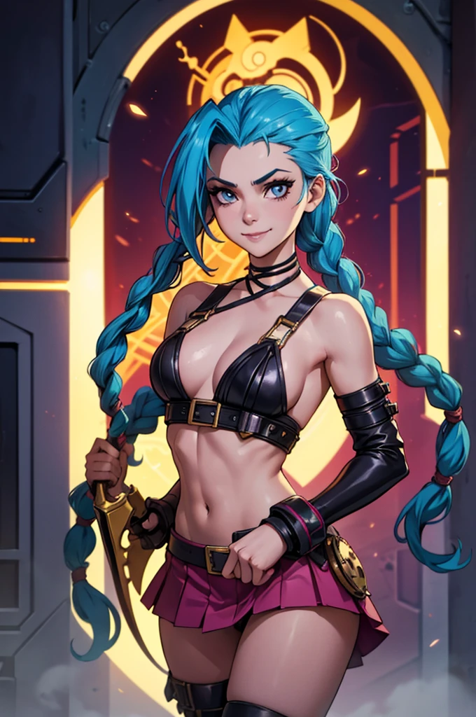 Jhinx, arcane, Jhinx character from League of Legends, long neon blue hair in braids, Perfect medium , scantily clad, underwear, Sex Wom perfect hands, double hair braids, Braided hair, Minipistola, Juxtaposition of light& shadow, moody, intense, feroz, cinematic lighting, rake light, Long luminous shadows, high quality, smiling while holding a shark-shaped rocket launcher, anime style face, perfect body, mini skirt, Steampunk clockpunk --ar 6:9 --s 1000 --c 12 --q 2 --v 5.2