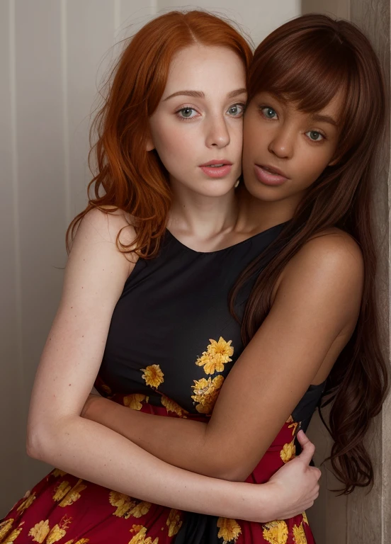 30-year-old dark skinned Nigerian woman named Biena and, her pale white Korean lover with ginger hair named Estella, (hugging each other tight, squishing their bodies together, slow dancing, hanging in her arms, flowing together), gazing at each other, eyes averted, in love, lusting after each other, they had sex together, (detailed exterior background) (( Estella is a pale white Korean woman, ginger hair, messy bun, bangs over forehead, lots of freckles all over her body)), ((Biena is 30-year-old, sexy, black short and straight hair, bangs, long ponytail, dark black African skin, tattoos on half of her body, no tattoos on the other half)), ultra-realistic photo, feminine features, ((both have very different facial features, ethnicities, and skin colors)), ((wearing red and gold floral sundress, jewelry)), conjoined, 2 heads, different heads, different skin colors, no mixing, clear boundary where skin color changes, smooth transition, contrasting skin colors
