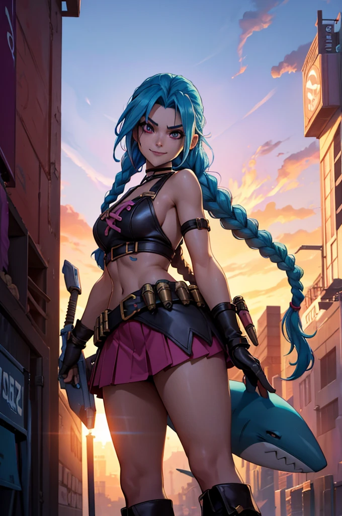 Jhinx, arcane, Jhinx character from League of Legends, long neon blue hair in braids, Perfect medium breasts, scantily clad, underwear, Sex Woman, perfect hands, double hair braids, Braided hair, Minipistola, Juxtaposition of light& shadow, moody, intense, feroz, cinematic lighting, rake light, Long luminous shadows, high quality, smiling while holding a shark-shaped rocket launcher, anime style face, perfect body, mini skirt, Steampunk clockpunk --ar 6:9 --s 1000 --c 12 --q 2 --v 5.2