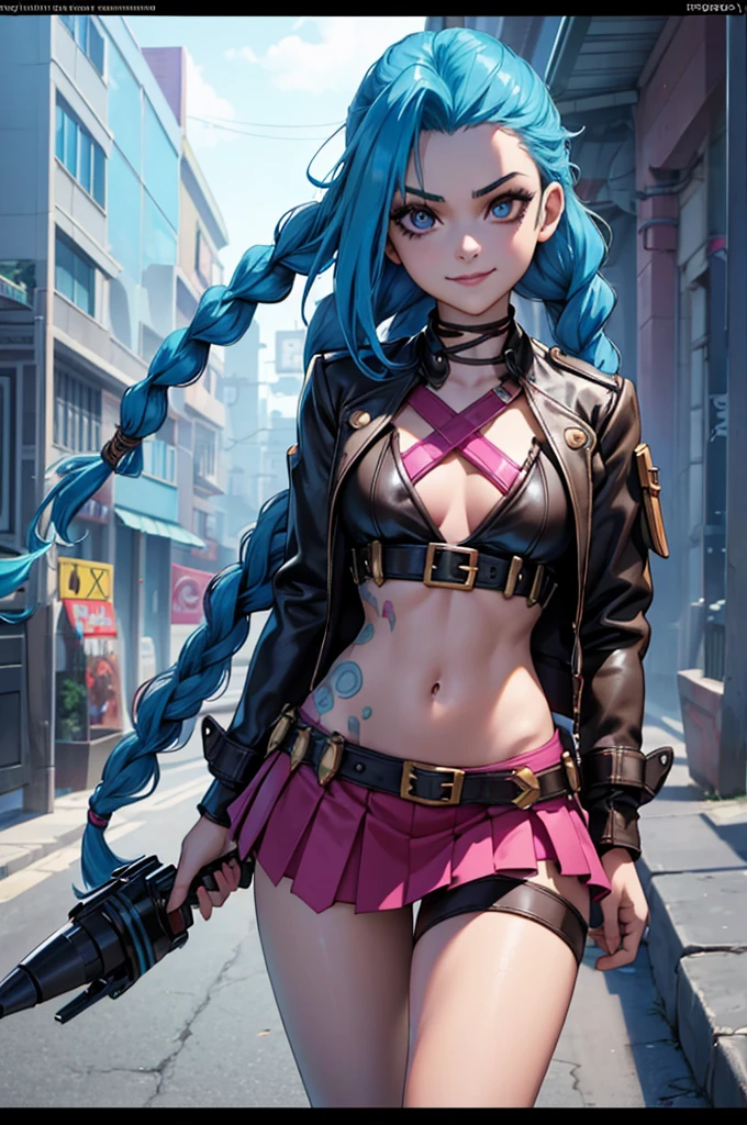 Jhinx, arcane, Jhinx character from League of Legends, long neon blue hair in braids, Perfect medium breasts, scantily clad, underwear, Sex Woman, perfect hands, double hair braids, Braided hair, Minipistola, Juxtaposition of light& shadow, moody, intense, feroz, cinematic lighting, rake light, Long luminous shadows, high quality, smiling while holding a shark-shaped rocket launcher, anime style face, perfect body, mini skirt, Steampunk clockpunk --ar 6:9 --s 1000 --c 12 --q 2 --v 5.2
