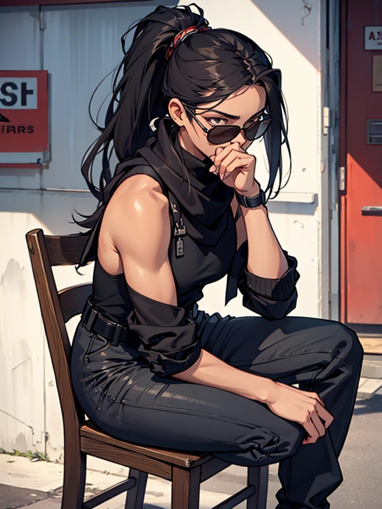young man, with a brown skin tone, having a long static ponytail hair of black color, is wearing navy blue sunglasses, is wearing a tight black turtleneck sleeveless shirt of black color, This is her wearing all black jogger pants,she is wearing a long black scarf that covers her mouth,is wearing a black buckle belt beret cap,is sitting on a wooden chair.