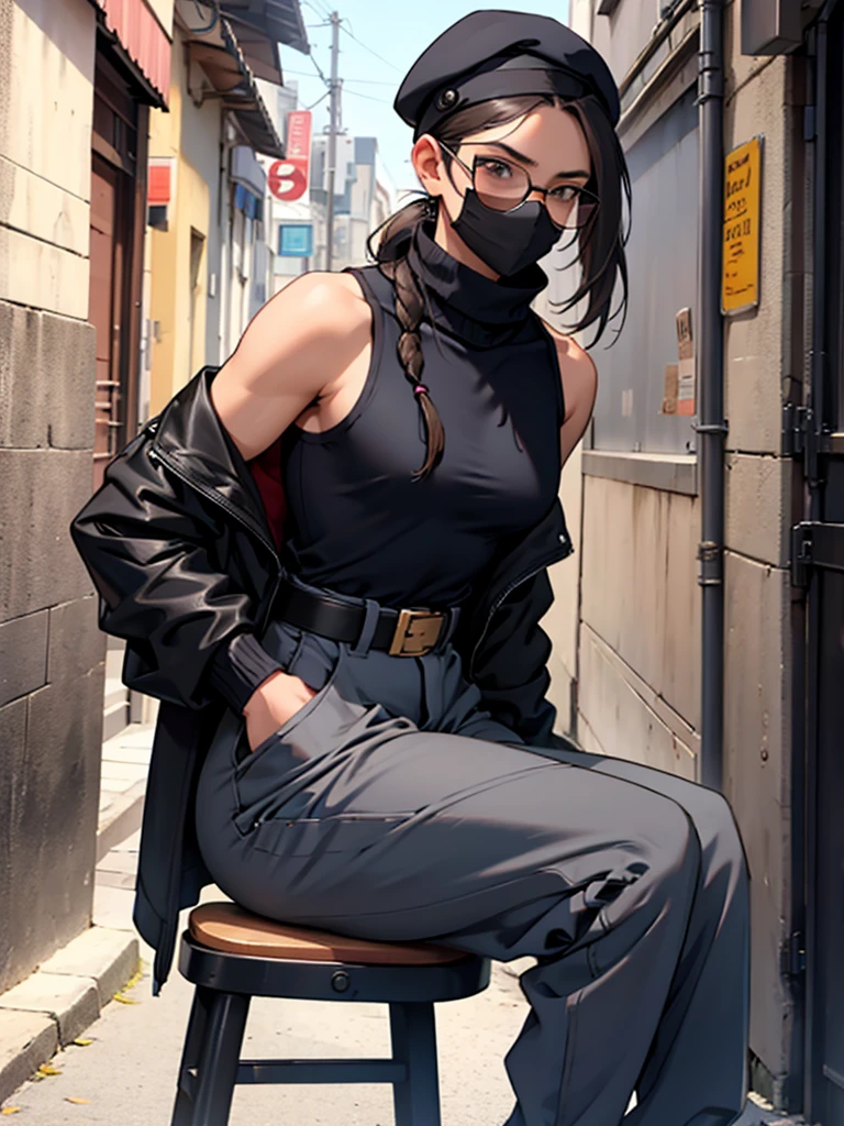 young man, with a brown skin tone, having a long static ponytail hair of black color, is wearing navy blue sunglasses, is wearing a tight black turtleneck sleeveless shirt of black color, This is her wearing all black jogger pants,she is wearing a long black scarf that covers her mouth,is wearing a black buckle belt beret cap,is sitting on a wooden chair.