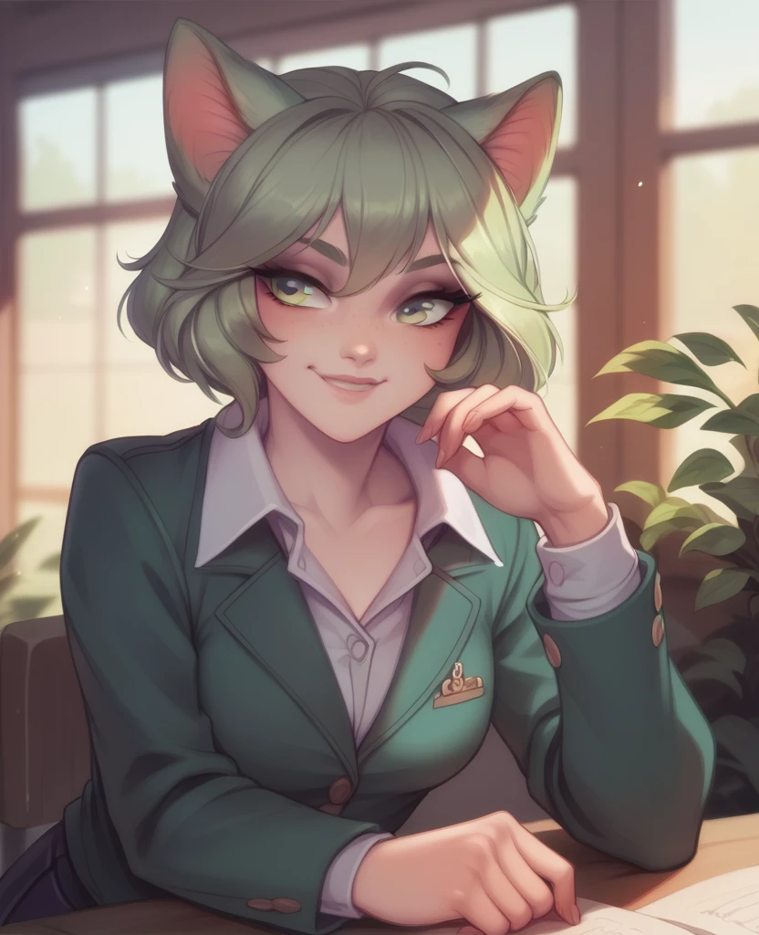 Beautiful girl, long light green hair, beautiful and calm green eyes, a cunning and deceitful smile, sly expression, gray cat delts, green cat ears, wearing Japanese school uniform.