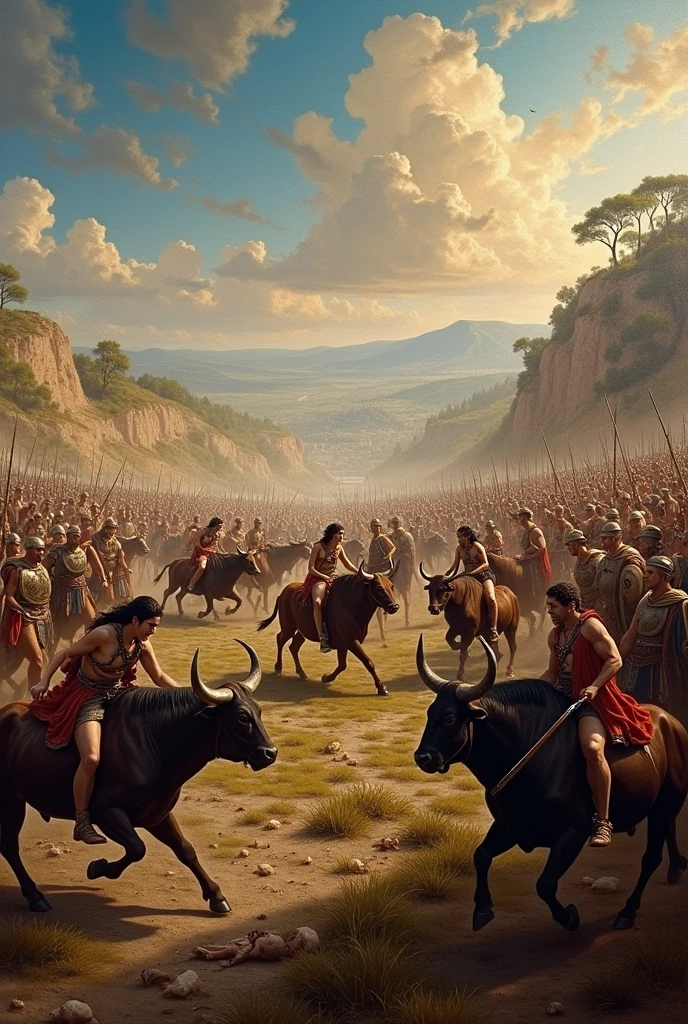 Panoramic view of the war between Amazon warriors riding bulls fighting against the Roman army. There are many dead and the gods of Olympus watch them from the sky.