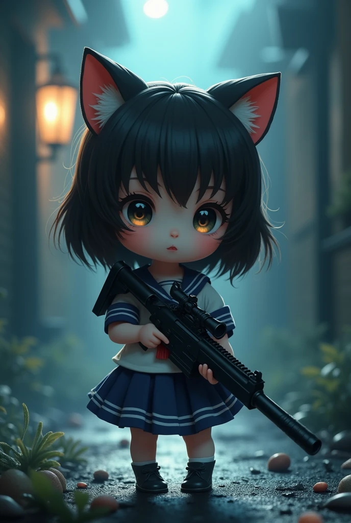 Chibi-chara ta girl wearing a sailor uniform with cat ears holding a sniper rifle　
A more mysterious atmosphere, more doll-like, a bit more Japanese-style, more doll-like atmosphere, not cute, more cute, cute taste is fine, but a cuter face, so as not to look like an anime, doll eyes are scary, so more cute