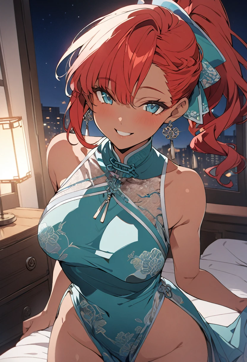 ((masterpiece)), ((best quality)), ((illustration)), ((anime coloring)), ((8k)), nsfw, blue detailed sheer lacechinese clothes, (pointy breasts), narrow waist, cute, a anime 20s female, ((dark skin:1.3)), red hair, green tale, ponytail, smile, big chiseled buttocks, pov, ((front view)), bedroom, night,