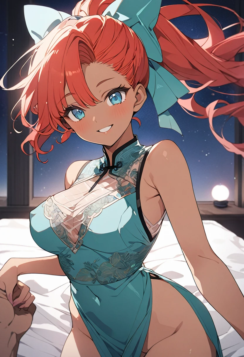 ((masterpiece)), ((best quality)), ((illustration)), ((anime coloring)), ((8k)), nsfw, blue detailed sheer lacechinese clothes, (pointy breasts), narrow waist, cute, a anime 20s female, ((dark skin:1.3)), red hair, green tale, ponytail, smile, big chiseled buttocks, pov, ((front view)), bedroom, night,