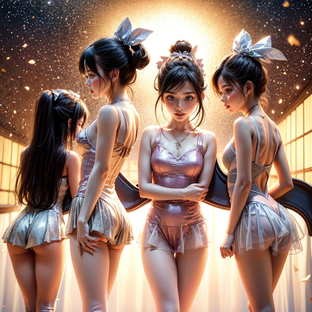 SFW, ExtremelyDetailed (((Kawaii Ballet Girls Group in a row:1.37))), Childish perfect face, Reflective Eyes, Detailed(Delicate Clothing textures), corrected hand, Dynamic Joyful Expressions LifeLike Rendering, (Specular Reflection:0.2), TopQuality 8K Ultra-detailed masterpiece (ProfessionalPhoto:1.37), (Acutance:0.8), (Luminism:1.28), ( Colorful Light particles:0.75), (Muscle:-0.5), facing away (from side ) (Clearly visible Beautiful hip shape)
