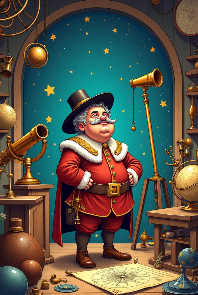 Imagine a character with Tycho Brahe in his observatory, surrounded by astronomical instruments and celestial maps and generate a cartoon