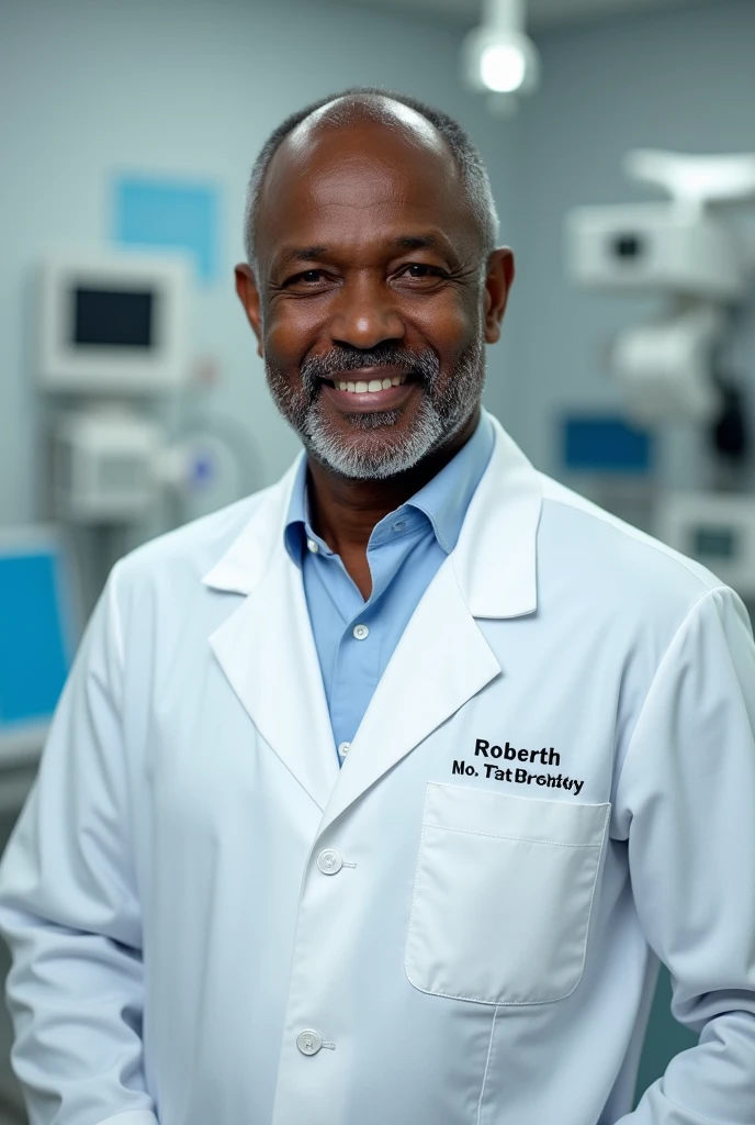 a black doctor wearing the name on his white coat: Roberth Ruither 