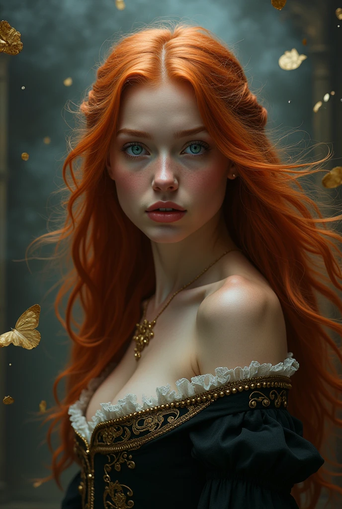 (solo, full body photo:1.3), (action packed:1.3), (haze, fog, mist:1.3), chiaroscuro, best quality, photorealistic, 1woman, (cute), (24yo:1.2), redhead, long ginger hair highly detailed, 1700'S, digital photography, art by artgerm and ruan jia and greg rutkowski surreal painting gold butterfly filigree, broken glass, (masterpiece, sidelighting, finely detailed Fashionable eyes: 1.2) (perfect oval large eyes that gazes at the viewer), beautiful detailed face, blue gorgeous perfect eyes, (blonde hair ponytail), (attractive young woman:1.3), (thick amazing hair), (seductive:1.1), (blushing:1.1)