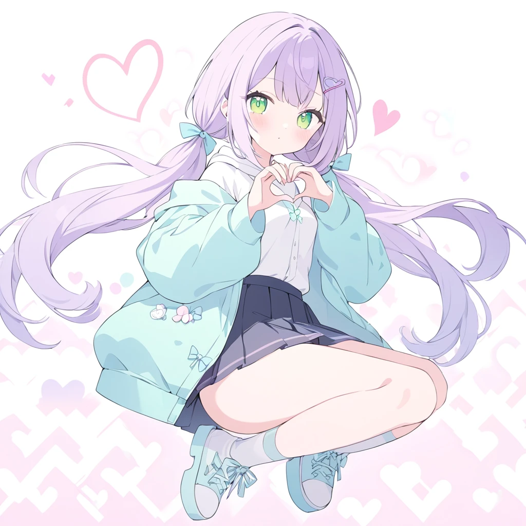 ((best quality, high resolution)), (delicate illustration), (pastelcolor style illustration:0.7), (watercolor style illustration:0.4), ((beautiful:1.3)), 4k,
1 cute woman, green eyes, (heart hand:1.3),, open shirt, , (Oversized pastel hoodie paired with a pleated skirt, thigh-high socks, and platform shoes, completed with a cute hair clip.), low twintails, pale purple hair, small breast, spoken hearts, (((fancy background:1.3))),