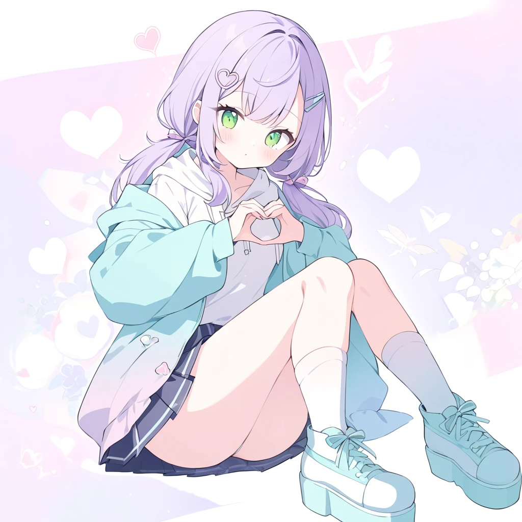 ((best quality, high resolution)), (delicate illustration), (pastelcolor style illustration:0.7), (watercolor style illustration:0.4), ((beautiful:1.3)), 4k,
1 cute woman, green eyes, (heart hand:1.3),, open shirt, , (Oversized pastel hoodie paired with a pleated skirt, thigh-high socks, and platform shoes, completed with a cute hair clip.), low twintails, pale purple hair, small breast, spoken hearts, (((fancy background:1.3))),
