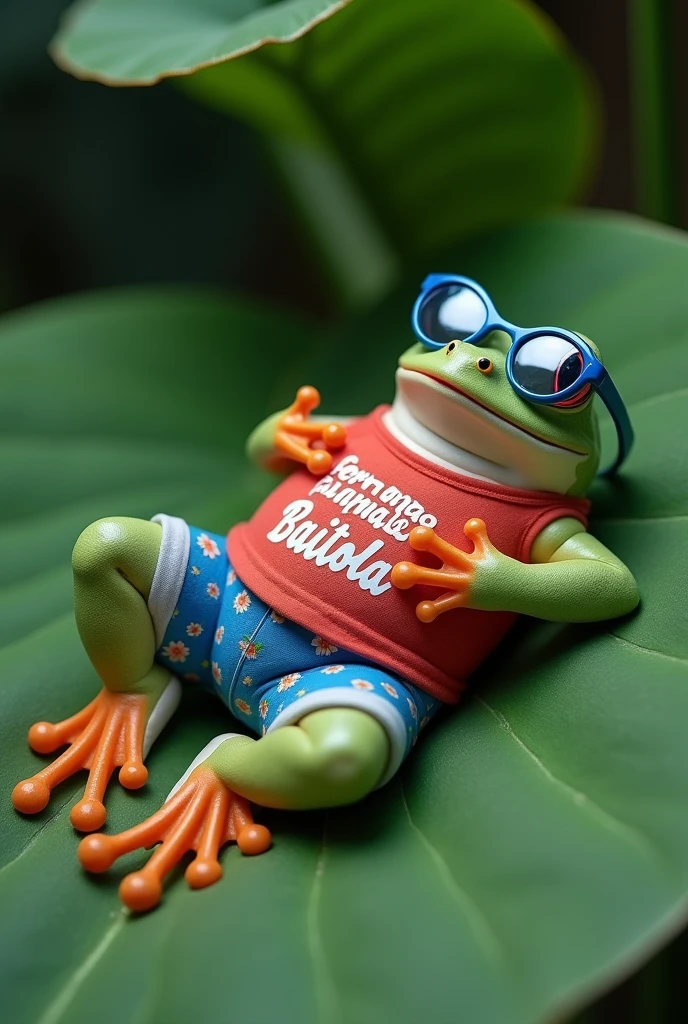 A frog, lying on a Victoria Regia leaf, with the belly up, light green skin tone on the back and white on the belly, one front paw holding the belly and the other front paw holding the head. He is wearing blue sunglasses with transparency in 50%. Dressed in blue floral shorts and a red tank top with a printed print "Fernando Baitola"