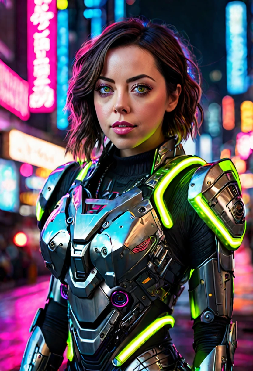 Aubrey Plaza, beautiful detailed eyes, beautiful detailed lips, extremely detailed eyes and face, long eyelashes, beautiful woman in sexy cyberpunk armored scifi tank outfit, neon high lights and trim, floating in cyber Tokyo cityscape, intricate mecha design, highly detailed, 8k, photorealistic, professional, cinematic, dramatic lighting, hyper detailed, award winning digital art