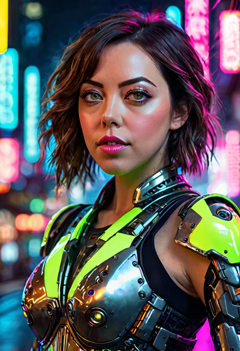 Aubrey Plaza, beautiful detailed eyes, beautiful detailed lips, extremely detailed eyes and face, long eyelashes, beautiful woman in ???? cyberpunk armored scifi tank outfit, neon high lights and trim, floating in cyber Tokyo cityscape, intricate mecha design, highly detailed, 8k, photorealistic, professional, cinematic, dramatic lighting, hyper detailed, award winning digital art