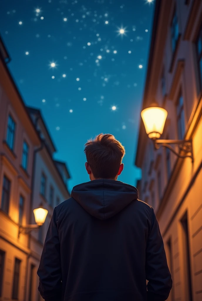 Back view of a man looking up at the starry sky under a street lamp on a European street corner