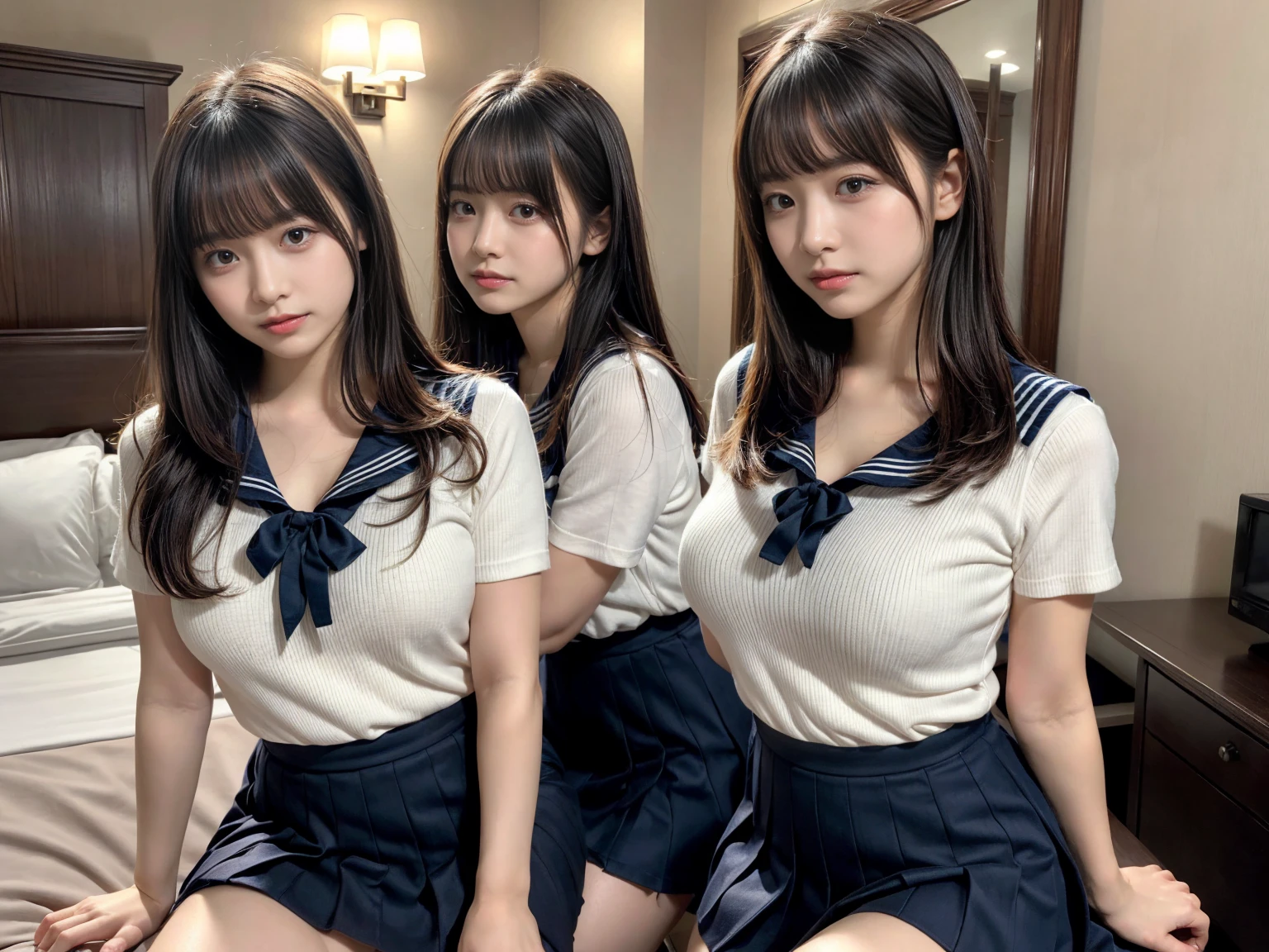 masterpiece, best quality, illustration, Super detailed, fine details, High resolution, 8K,wall paper, perfect dynamic composition,(Details High quality, realistic depiction of eyes:1.3), (3 girls), Black Sailor Uniform, serafuku, Navy pleated skirt, sitting, open legs, short bob hair, in a hotel room in the background, deep on field, large breasts, black hair color, Big Natural Color Lip, (perfect body shape), crying a little、Harajuku style、20 year old girl、cute type、beautiful legs, Gravure Idol