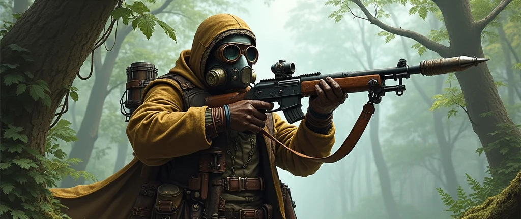 steampunk,warrior,Rifle bayonet,Tree equipment long coat