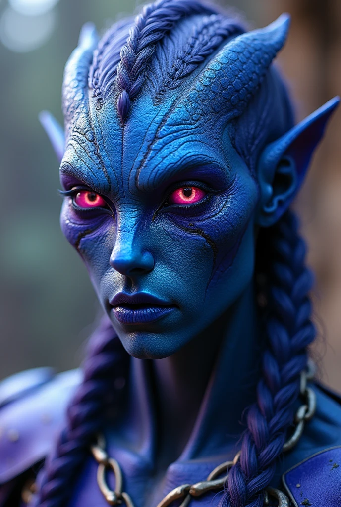 Create a HUMAN in blue and purple, high, bright eyes scaly, that has braided hair, armored and humanoid facial features and man






