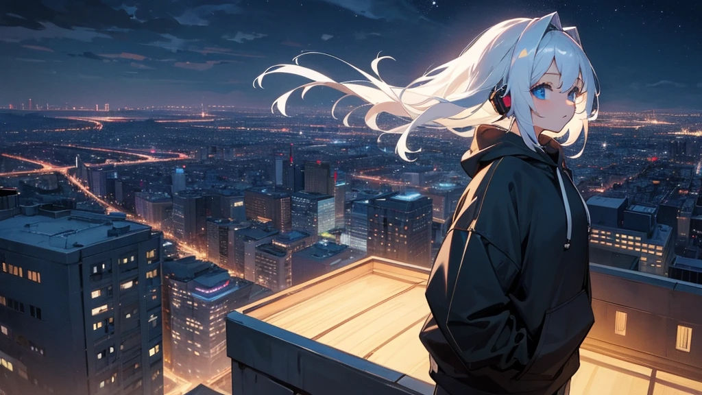 Best quaility, masterpiece, 4k, at night, A girl with white hair with blue eyes and around middle school age was wearing a hoodie、put her hands into her hoodie's pockets, she wears a headset, The girl is watching the night view of the city、she is on the roof top of a high building in the city, watching the beautiful view, You can see a beautiful and majestic city night view in the distance
