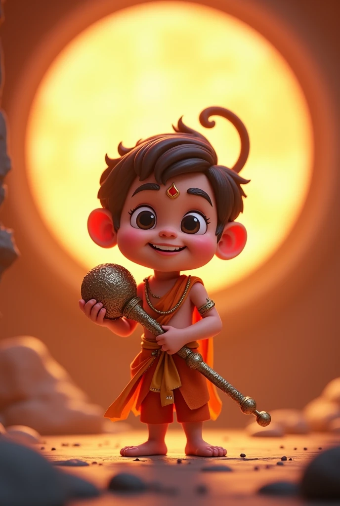 Animatic image of cute and Young Hanumanji, smiling ,a designer spherical gada on shoulder, background of round shiv jyotirling 
