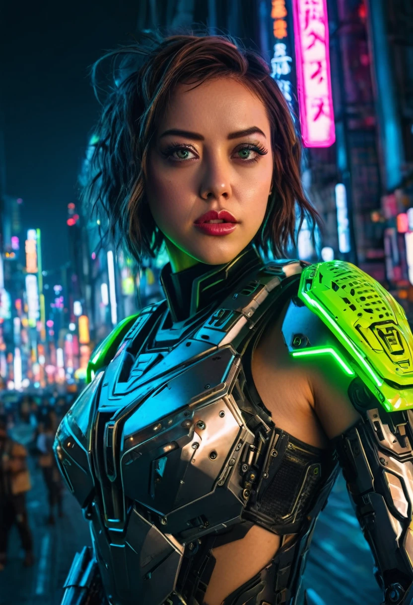 Aubrey Plaza, beautiful detailed eyes, beautiful detailed lips, extremely detailed eyes and face, long eyelashes, beautiful woman in sexy cyberpunk armored scifi tank outfit, neon high lights and trim, floating in cyber Tokyo cityscape, intricate mecha design, highly detailed, 8k, photorealistic, professional, cinematic, dramatic lighting, hyper detailed, award winning digital art