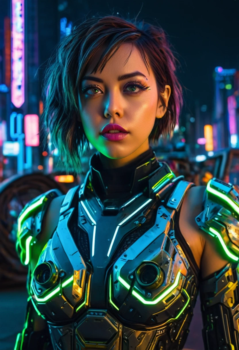 Aubrey Plaza, beautiful detailed eyes, beautiful detailed lips, extremely detailed eyes and face, long eyelashes, beautiful woman in sexy cyberpunk armored scifi tank outfit, neon high lights and trim, floating in cyber Tokyo cityscape, intricate mecha design, highly detailed, 8k, photorealistic, professional, cinematic, dramatic lighting, hyper detailed, award winning digital art
