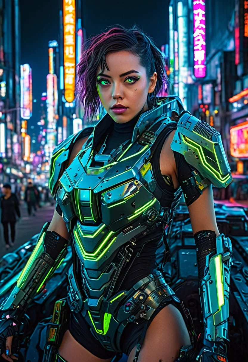 Aubrey Plaza, beautiful detailed eyes, beautiful detailed lips, extremely detailed eyes and face, long eyelashes, beautiful woman in sexy cyberpunk armored scifi tank outfit, neon high lights and trim, floating in cyber Tokyo cityscape, intricate mecha design, highly detailed, 8k, photorealistic, professional, cinematic, dramatic lighting, hyper detailed, award winning digital art