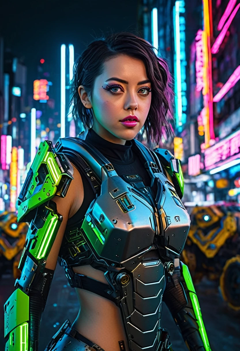 Aubrey Plaza, beautiful detailed eyes, beautiful detailed lips, extremely detailed eyes and face, long eyelashes, beautiful woman in sexy cyberpunk armored scifi tank outfit, neon high lights and trim, floating in cyber Tokyo cityscape, intricate mecha design, highly detailed, 8k, photorealistic, professional, cinematic, dramatic lighting, hyper detailed, award winning digital art
