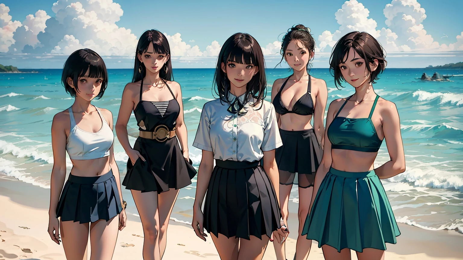 (Highest quality:1.1), (masterpiece:1.2), Five Girls，Swimwear，Are standing，High Quality Shadows, Beautiful details, Beautiful Face, fine grain,Written boundary depth, High resolution, Best Shadow, Best lighting, daughter, Brush Cut，Very short hair, Blunt bangs, Long Hair, shy, mini skirt, Swimwear, Sea Beach，green，cloud， smile，Super Skirt