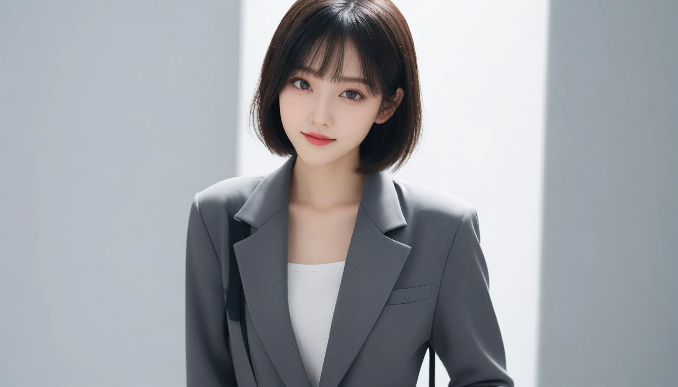 8k, Ultra-high resolution, Highest quality, masterpiece, 三分割法によるphotograph,Surreal, photograph, 1 Girl, (16 years old:1.3), pretty girl, Cute Face, 細部までBeautiful Eyes, 細かくdetailedに,masterpiece,One Girl:1.2,Japanese women,Young Wife,upper body,smile,Black hair,Bowl cut, Blazer uniform,(Beautiful attention to detail),Subtle details, detailedな顔, smile,Attractive girl,(女の子のポートレートphotograph:1.4),(Photorealistic images:1.4),Fantasy art,Gray background,(Beautiful Face:1.4),Beautiful and attractive eyes、Beautiful Eyes、(Tight waist:1.4)、(Beautiful girl with perfect body proportions:1.4),Pink Lips,Looking at the audience,(((Ideal body type))),A-cup small breasts :2,、Portraiture:2、Perfect Anatomy、鮮明なdetailed、detailed,Fashion magazine cover,Thin lips,完璧でBeautiful Face ,完璧でCute Face, Skin with attention to detail, Perfect limbs、Narrow waist,Surreal,Light and shadow,stage lights