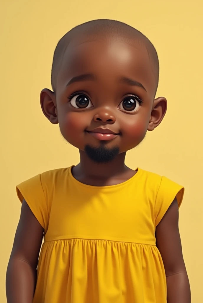 Black bald chubby boy with little beard in yellow dress