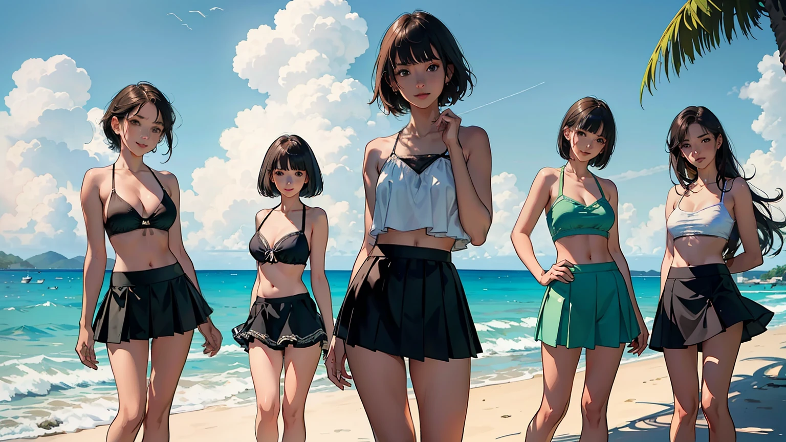 (Highest quality:1.1), (masterpiece:1.2), Five Girls,Swimwear,Are standing,High Quality Shadows, Beautiful details, Beautiful Face, fine grain,Written boundary depth, High resolution, Best Shadow, Best lighting, daughter, Brush Cut,Very short hair, Blunt bangs, Long Hair, shy, mini skirt, Swimwear, Sea Beach,green,cloud, smile,Super Skirt