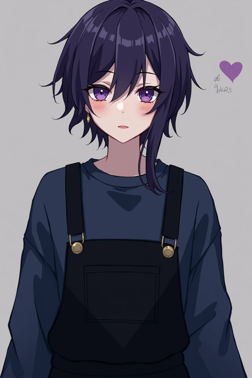 AGE: 23 years old Male Measures 1.75 Dark purple hair, with a length a little above the shoulders Dark purple eyes Has a mysterious but sweet personality Wears a dark blue sweater with black overalls with earrings in the left ear emo style