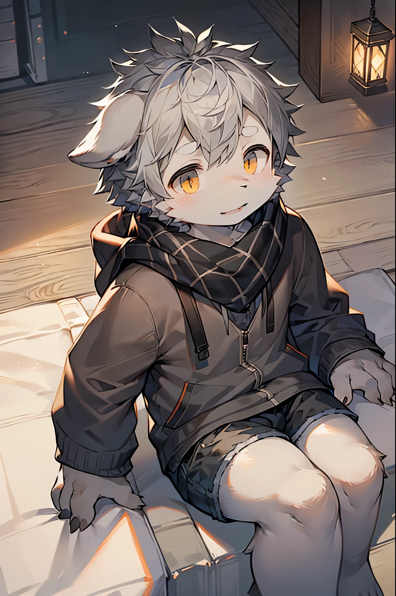 Gray Wolf Boy，Hairy boy，Characteristics of infants and children，Gray hair，Gray skin，Black Arm，scarf，Short sleeve，shorts，
