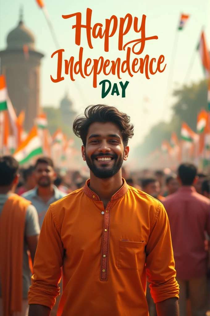 A real 20-year-old boy joyfully celebrates Indian Independence Day. He is wearing traditional Indian outfits with the name "Aziz" written on his attire. Above him, in the sky, the words "Happy Independence Day" are displayed in a bold font. The backdrop is filled with people celebrating, enhancing the festive and patriotic spirit of the day.