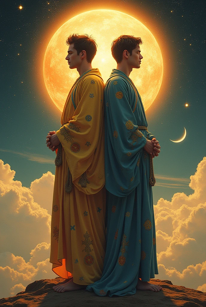 Two men with their backs turned, one representing the sun and the other representing the moon, with the sun and moon in the background.