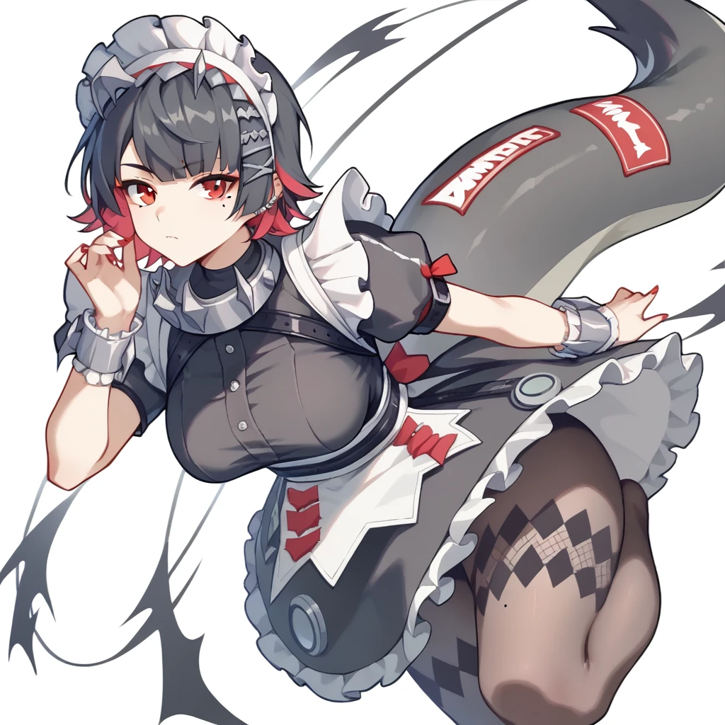 1 girl,Allen_Joe,maid_headskirt,Black_skirt,wrist_cuff,Fluffy_short_sleeve,mole_under_Eye,Big goals_Chest,Frilly_skirt,Black_Pantyhose,Comfort_Chest,off white_background