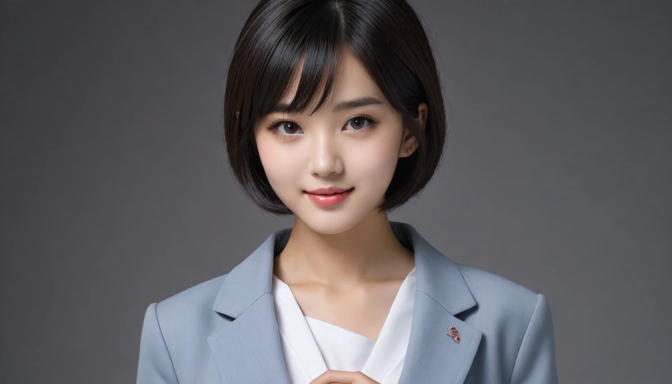 8k, Ultra-high resolution, Highest quality, masterpiece, 三分割法によるphotograph,Surreal, photograph, 1 Girl, (16 years old:1.3), pretty girl, Cute Face, 細部までBeautiful Eyes, 細かくdetailedに,masterpiece,One Girl:1.2,Japanese women,Young Wife,upper body,smile,Black hair,Bowl cut, Blazer uniform,(Beautiful attention to detail),Subtle details, detailedな顔, smile,Attractive girl,(女の子のポートレートphotograph:1.4),(Photorealistic images:1.4),Fantasy art,Gray background,(Beautiful Face:1.4),Beautiful and attractive eyes、Beautiful Eyes、(Tight waist:1.4)、(Beautiful girl with perfect body proportions:1.4),Pink Lips,Looking at the audience,(((Ideal body type))),A-cup small breasts :2,、Portraiture:2、Perfect Anatomy、鮮明なdetailed、detailed,Fashion magazine cover,Thin lips,完璧でBeautiful Face ,完璧でCute Face, Skin with attention to detail, Perfect limbs、Narrow waist,Surreal,Light and shadow,stage lights