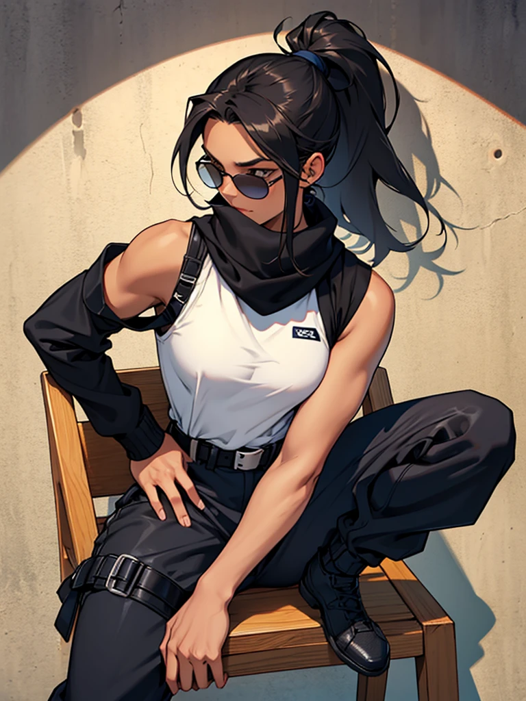 one men, with a brown skin tone, having a long static ponytail hair of black color, is wearing navy blue sunglasses, is wearing a tight black turtleneck sleeveless shirt of black color, This is her wearing all black jogger pants,she is wearing a long black scarf that covers her mouth,is wearing a black buckle belt beret cap,is sitting on a wooden chair.