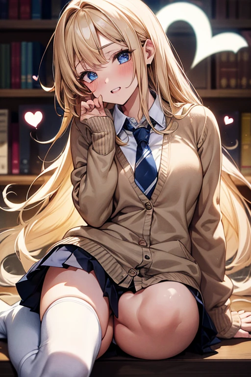 Browsing Caution,(Highest quality, 8k, masterpiece:1.3,beautiful girl), (Very detailed)Glowing Skin,(((Long Hair,blonde,Beautiful Hair))),(Perfect Anatomy, Anatomically correct, Very detailed肌),((Golden Eyes)),((Perfect Fingers,Five Fingers)),((Light blue collared shirt, Navy pleated mini skirt, socks, Navy tie, Light brown cardigan, White knee socks)), Pink Panties, School,library, Knee-high socks, Dynamic Angle,(((Vulgarity))),Embarrassed expression,Knee-high socks on both feet,Holding the crotch,Angle from below,Great style,Love juice overflowing from pussy,Lick your lips with your tongue,Double teeth,Drooling,(((Heart symbol on eye))),I'm Climax,Body-trembling ecstasy,Infatuated,Big Breasts,Big Ass,Peace sign with both hands,Thin pubic hair,Plump body,deep throat,Big hearts in the pupils,Licking the glans,kneel,Girl sitting