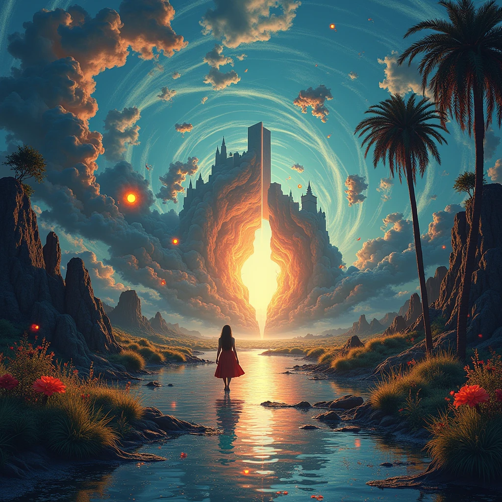 Welcome to my mind: A surreal, kaleidoscopic landscape where reality blends with imagination. Swirling vortex of vibrant colors and abstract shapes, with fragments of memories and dreams floating by. Silhouettes of mysterious creatures and beautiful faces emerge from misty shadows. Books with living words spill their stories into reality. Musical notes dance through the air, leaving trails of shimmering light. In the distance, a door opens to reveal glimpses of fantastical worlds and forgotten adventures. Tendrils of fear and joy intertwine, creating a tapestry of emotions. Gleaming ideas burst like fireworks, showering inspiration in all directions. All of this is reflected in a shattered mirror, each piece showing a different facet of consciousness. Photorealistic style with elements of abstract expressionism, rendered in stunning detail.