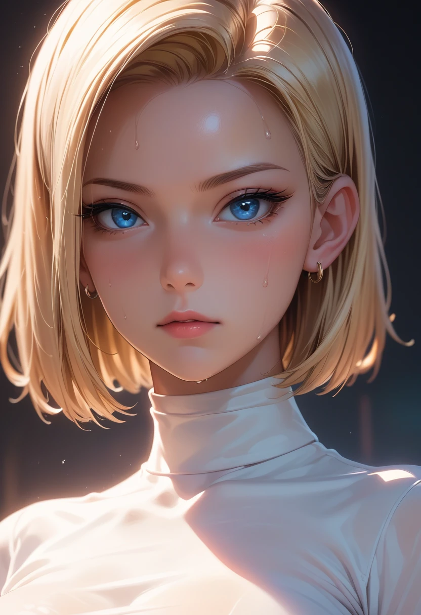 (((完美shape,shape,alone, (((White and pink plug suit))),(((AND18, Android 18, Blonde, blue eyes, short hair, ))),((masterpiece)),High resolution, ((Best quality at best)),masterpiece,quality,Best quality,((( Exquisite facial features,Looking at the audience,There is light in the eyes,(((anger,Severe))),))),型shape:1.7))),(((Light and shadow,Huge breasts))),(((Looking into the camera,Black background,)))((Sweat))、Best Shot、Best Angle、Strange appearance