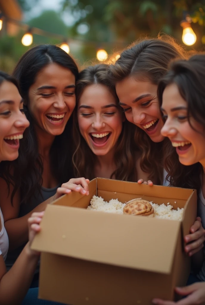 A short video of a group of friends laughing at a box