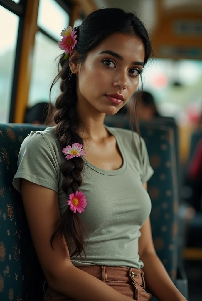 I indian women, round face, symmetry face features sitting in a bus, deeply thinking, braided long hairs, flowers in he hair, tight tshirt and geans pant, modern girl, age : 28, huge bust, blurry surroundings, side angle, looking at viewer, ( visible bus seats, rods and other passangers)